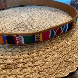 Guatemalan Aztec Stitched Leather & MultiColored Embroidered Belt Boho 43"